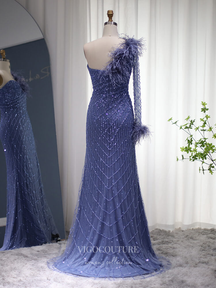 Navy Blue Beaded Prom Dresses One Shoulder Long Sleeve Evening Dress 22147 Navy Blue / US10 Navy Blue Beaded Prom Dresses One Shoulder Long Sleeve Evening Dress 22147 Navy Blue / US10