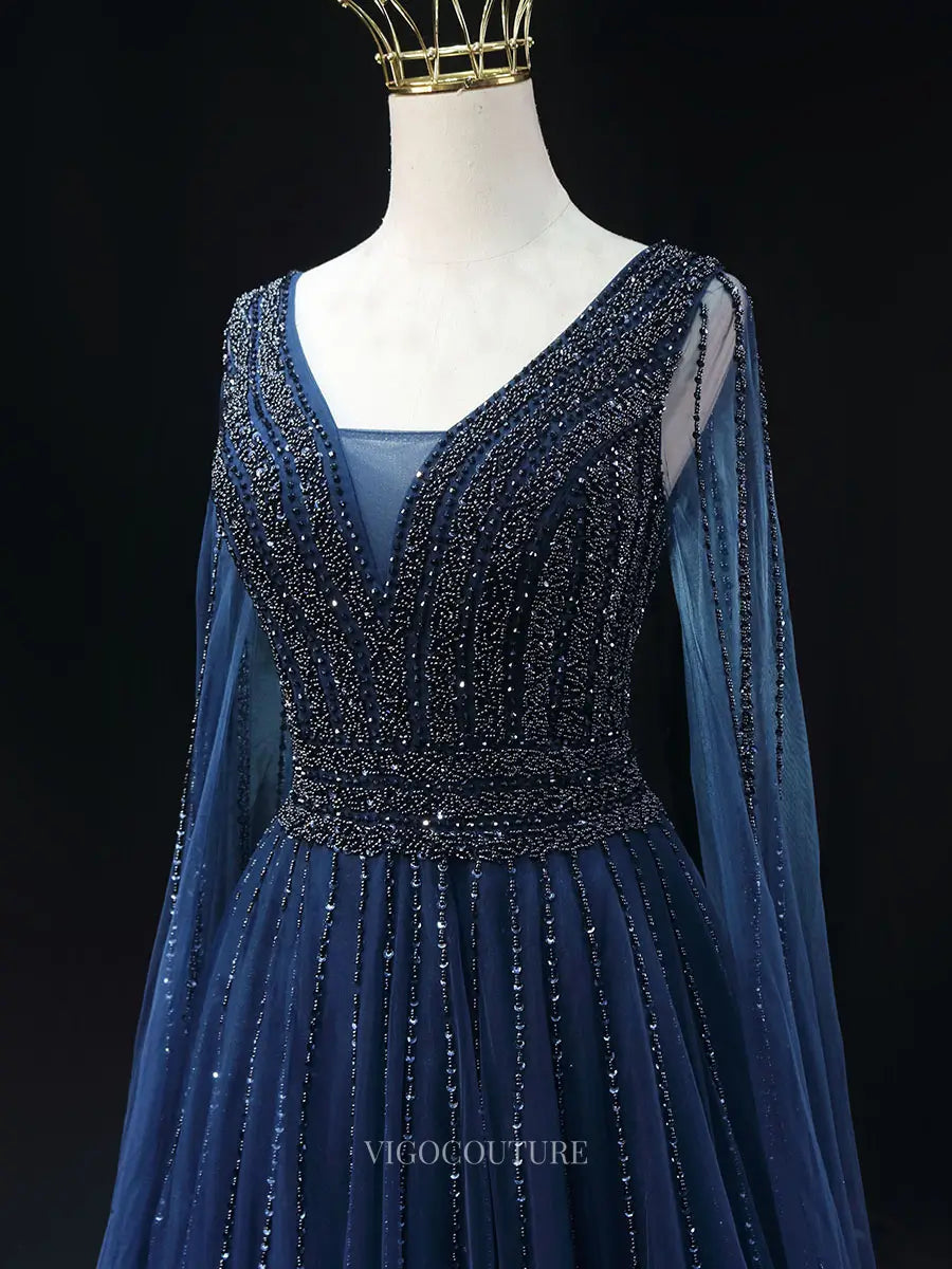 Navy Blue Beaded Tulle Prom Dresses with Cape Sleeve, V-Neck, Pageant Dresses SU065 Blue / 16W Navy Blue Beaded Tulle Prom Dresses with Cape Sleeve, V-Neck, Pageant Dresses SU065 Blue / 16W