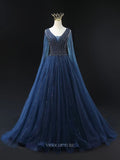 Prom Dresses 2025 to impress Navy Blue Beaded Tulle Prom Dresses with Cape Sleeve, V-Neck, Pageant Dresses SU065-vigocouture-Blue-Custom Size-vigocouture