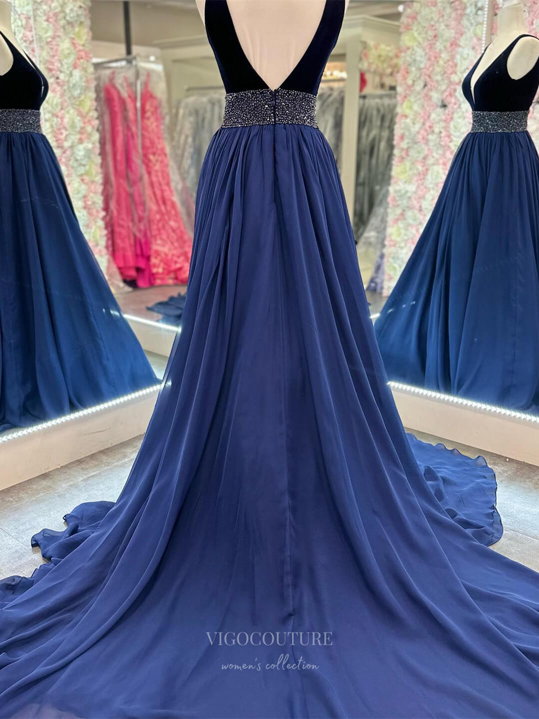 Prom Dress 2025 Navy Blue Chiffon Velvet Prom Dresses 2024 Beaded Waist Plunging V-Neck 24258-unique elegant Prom Dresses-Navy Blue-Custom Size-vigocouture