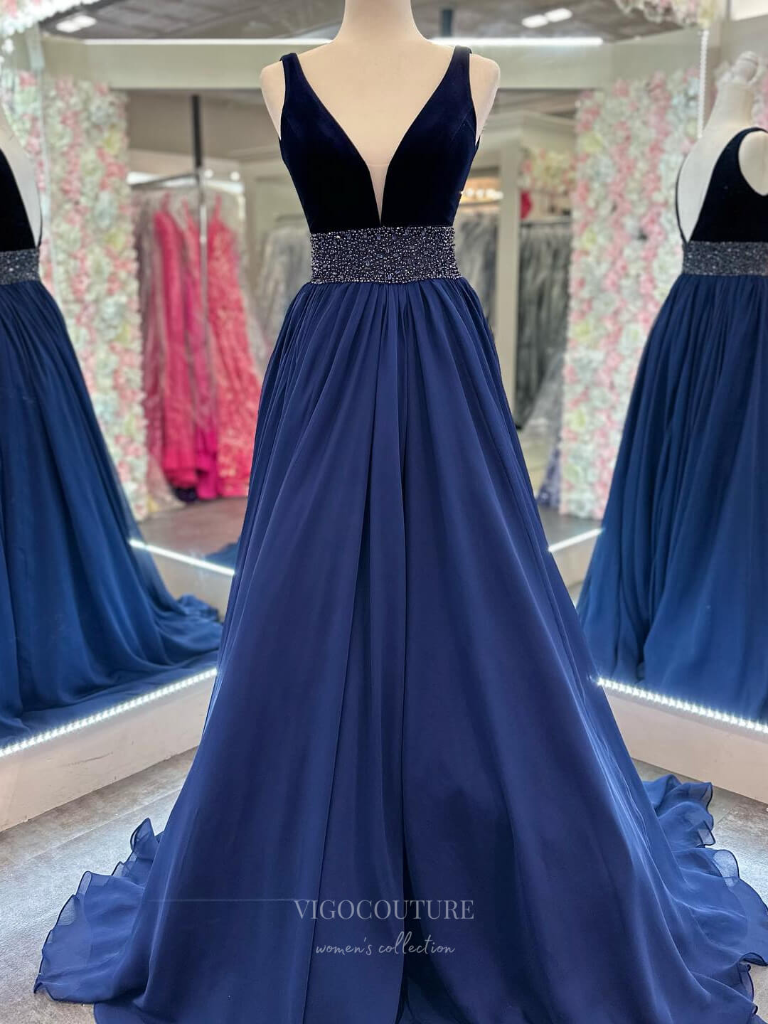 Prom Dress 2025 Navy Blue Chiffon Velvet Prom Dresses 2024 Beaded Waist Plunging V-Neck 24258-unique elegant Prom Dresses-Navy Blue-Custom Size-vigocouture