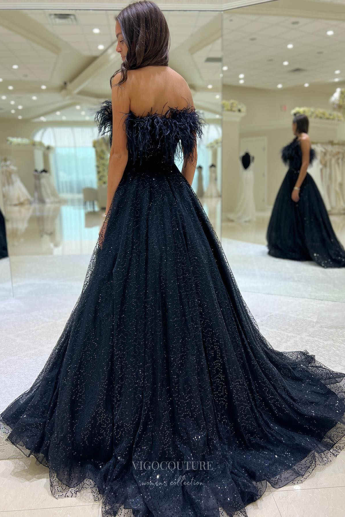 Prom Dress 2025 Navy Blue Feather Strapless Prom Dresses 2024 Beaded Sparkly Tulle 24271-unique elegant Prom Dresses-Navy Blue-Custom Size-vigocouture