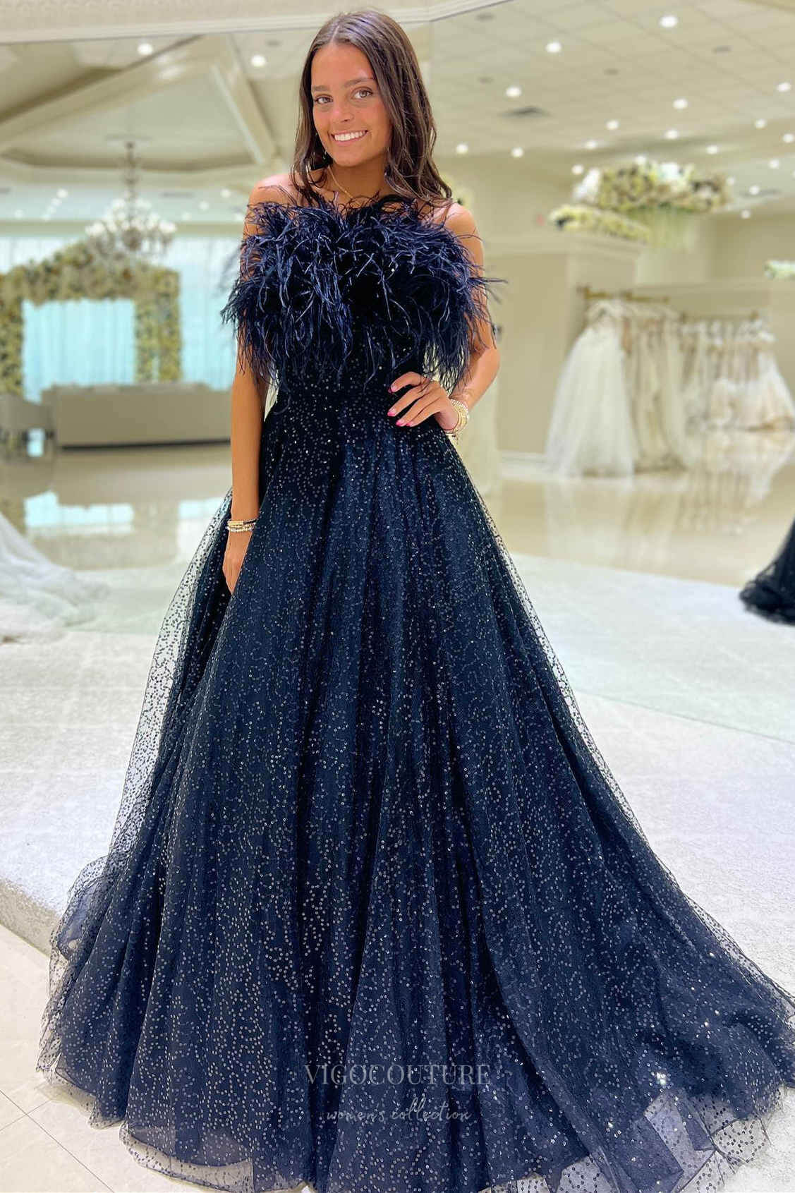 Prom Dress 2025 Navy Blue Feather Strapless Prom Dresses 2024 Beaded Sparkly Tulle 24271-unique elegant Prom Dresses-Navy Blue-Custom Size-vigocouture