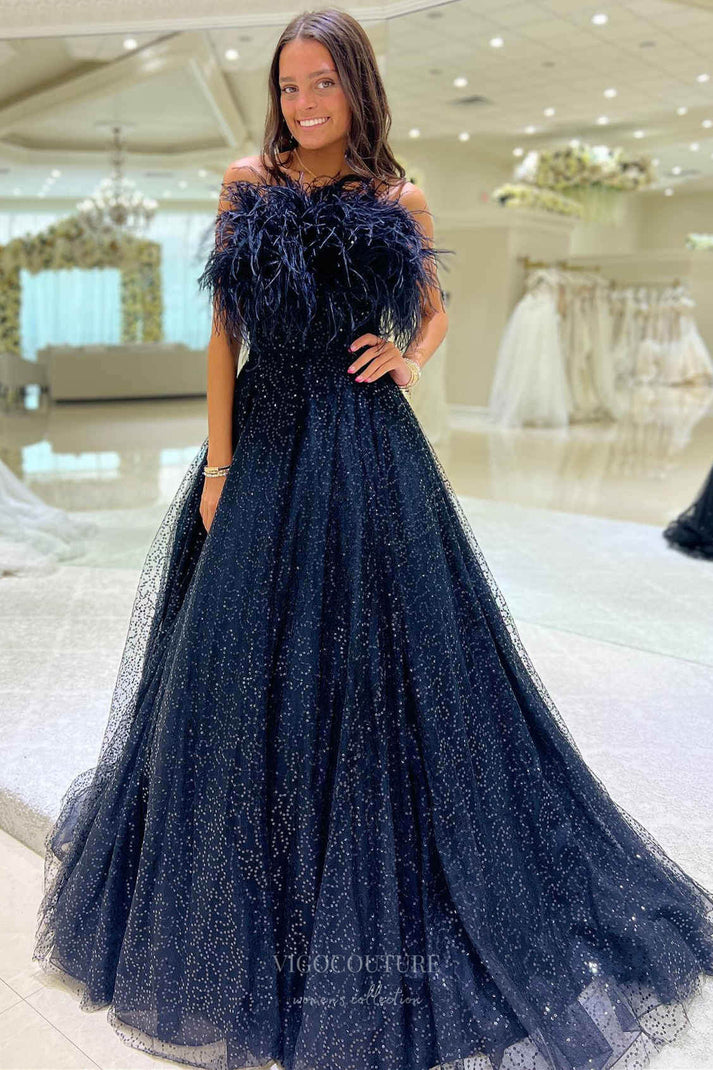 Navy Blue Feather Strapless Prom Dresses 2024 Beaded Sparkly Tulle 242