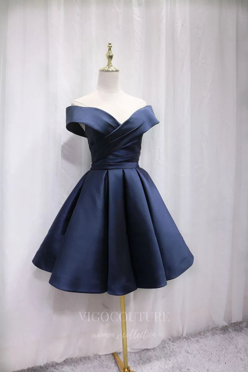 Short Prom Dresses 2025 Navy Blue Homecoming Dress Satin Hoco Dress hc055-Prom Dresses-vigocouture-vigocouture