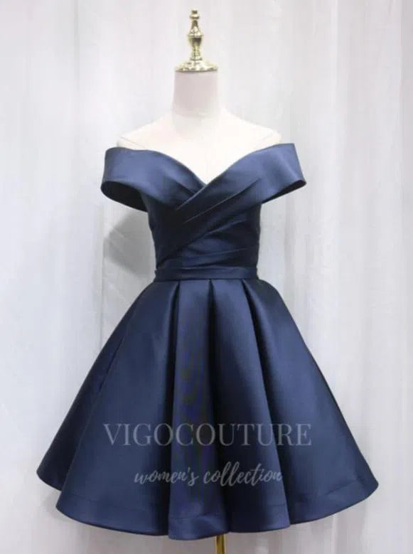 Navy Blue Homecoming Dress Satin Hoco Dress hc055