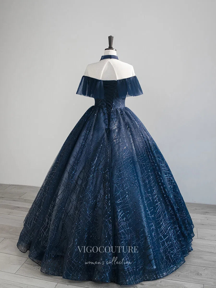 Prom Dress 2025 Navy Blue Lace Applique Prom Dresses Sparkly Tulle 21014-unique elegant Prom Dresses-Navy Blue-Custom Size-vigocouture