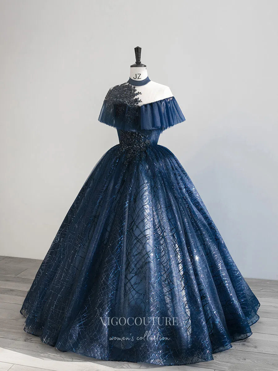 Prom Dress 2025 Navy Blue Lace Applique Prom Dresses Sparkly Tulle 21014-unique elegant Prom Dresses-Navy Blue-Custom Size-vigocouture