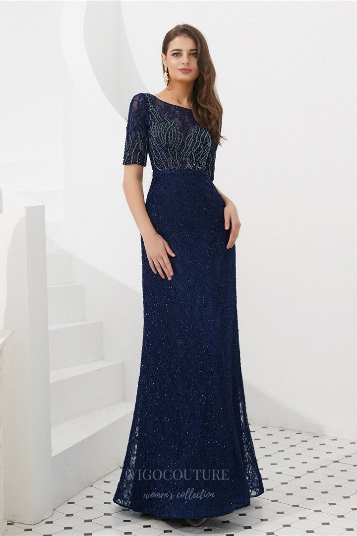 Prom Dress 2025 Navy Blue Mermaid Beaded Prom Dress 20281-unique elegant Prom Dresses-Navy Blue-US2-vigocouture