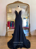 Navy Blue Mermaid Prom Dresses Sweetheart Neck Feather Formal Dress 21556