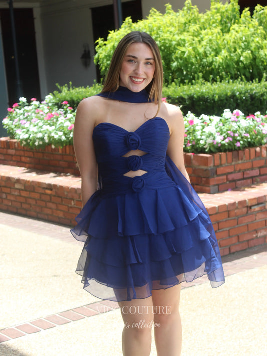 Prom Dresses 2025 to impress Navy Blue Rosette Cutout Homecoming Dress with Tiered Chiffon Ruffle Skirt - P26061-vigocouture-vigocouture
