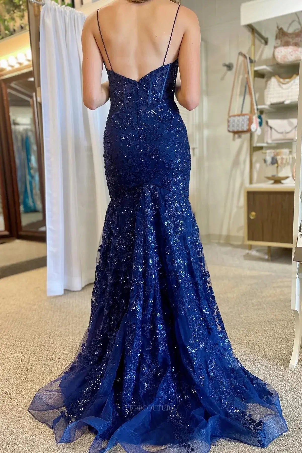 Prom Dresses 2025 to impress Navy Blue Sequin Lace Prom Dresses 2025 Mermaid Spaghetti Strap Formal Dresses – 25133-vigocouture-vigocouture