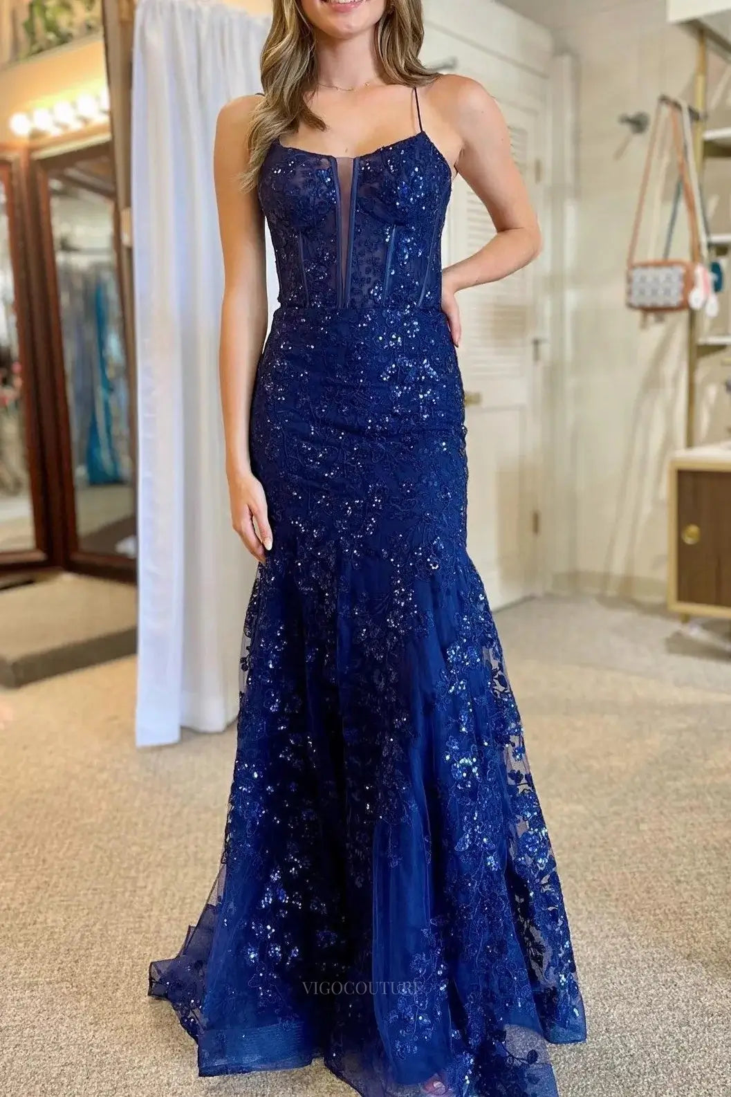 Prom Dresses 2025 to impress Navy Blue Sequin Lace Prom Dresses 2025 Mermaid Spaghetti Strap Formal Dresses – 25133-vigocouture-Blue-Custom Size-vigocouture