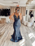 Prom Dress 2025 Navy Blue Sequin Mermaid Prom Dresses Spaghetti Strap V-Neck Lace Applique 24097-unique elegant Prom Dresses-Navy Blue-Custom Size-vigocouture