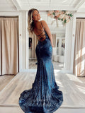 Navy Blue Sequin Mermaid Prom Dresses Spaghetti Strap V-Neck Lace Applique 24097