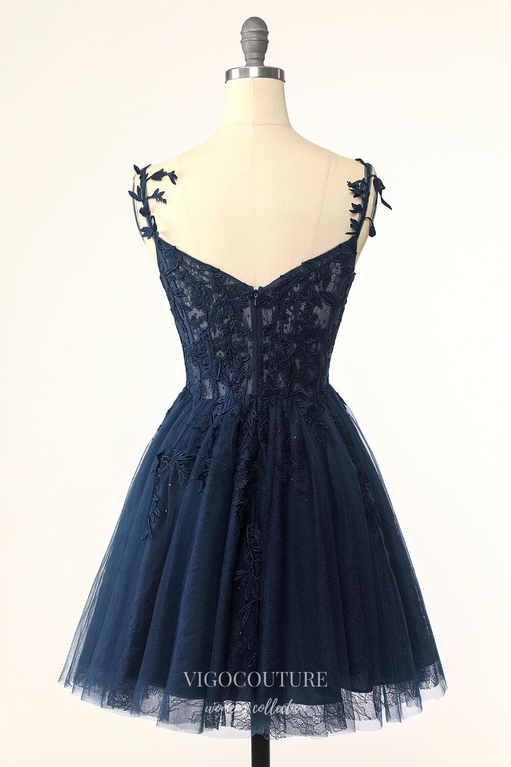 Short Prom Dresses 2025 Navy Blue Spaghetti Strap Homecoming Dresses Lace Applique Back to School Dress hc377-Prom Dresses-vigocouture-vigocouture