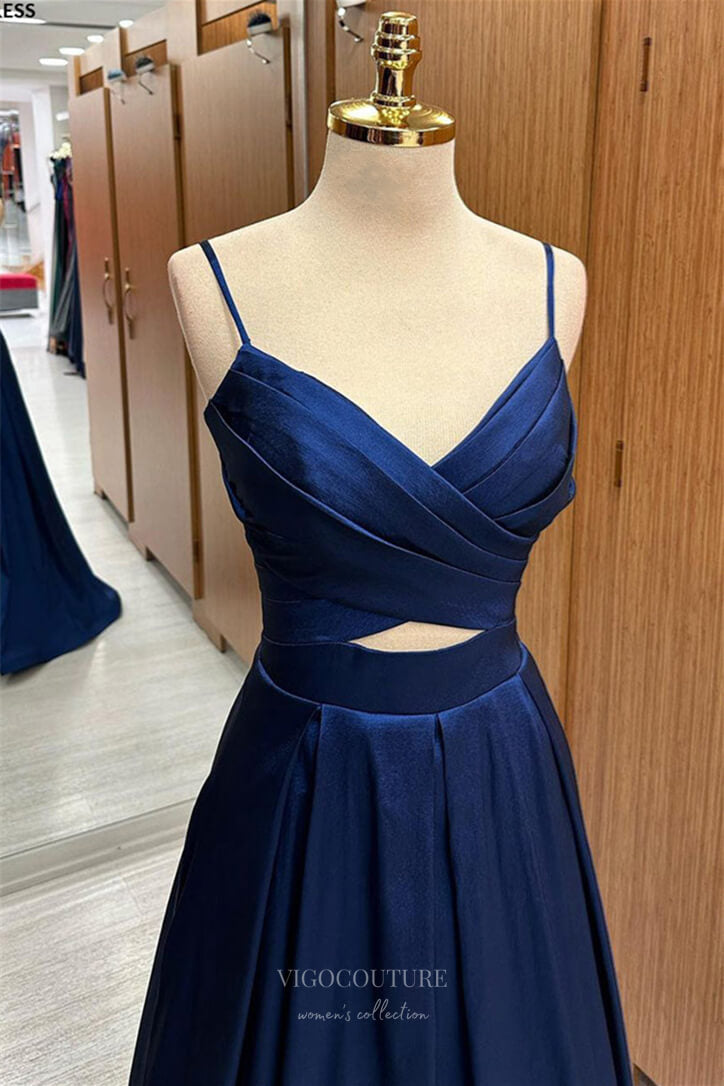 Prom Dress 2025 Navy Blue Spaghetti Strap Prom Dresses 2024 Crossed Pleated Bodice 24266-unique elegant Prom Dresses-Navy Blue-Custom Size-vigocouture