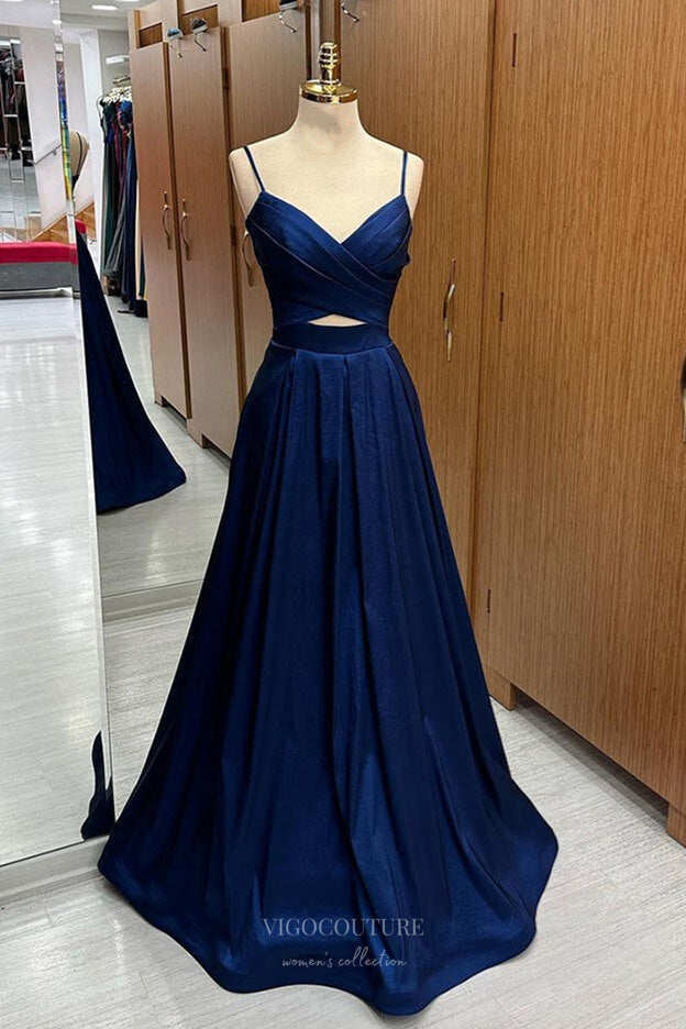 Prom Dress 2025 Navy Blue Spaghetti Strap Prom Dresses 2024 Crossed Pleated Bodice 24266-unique elegant Prom Dresses-Navy Blue-Custom Size-vigocouture