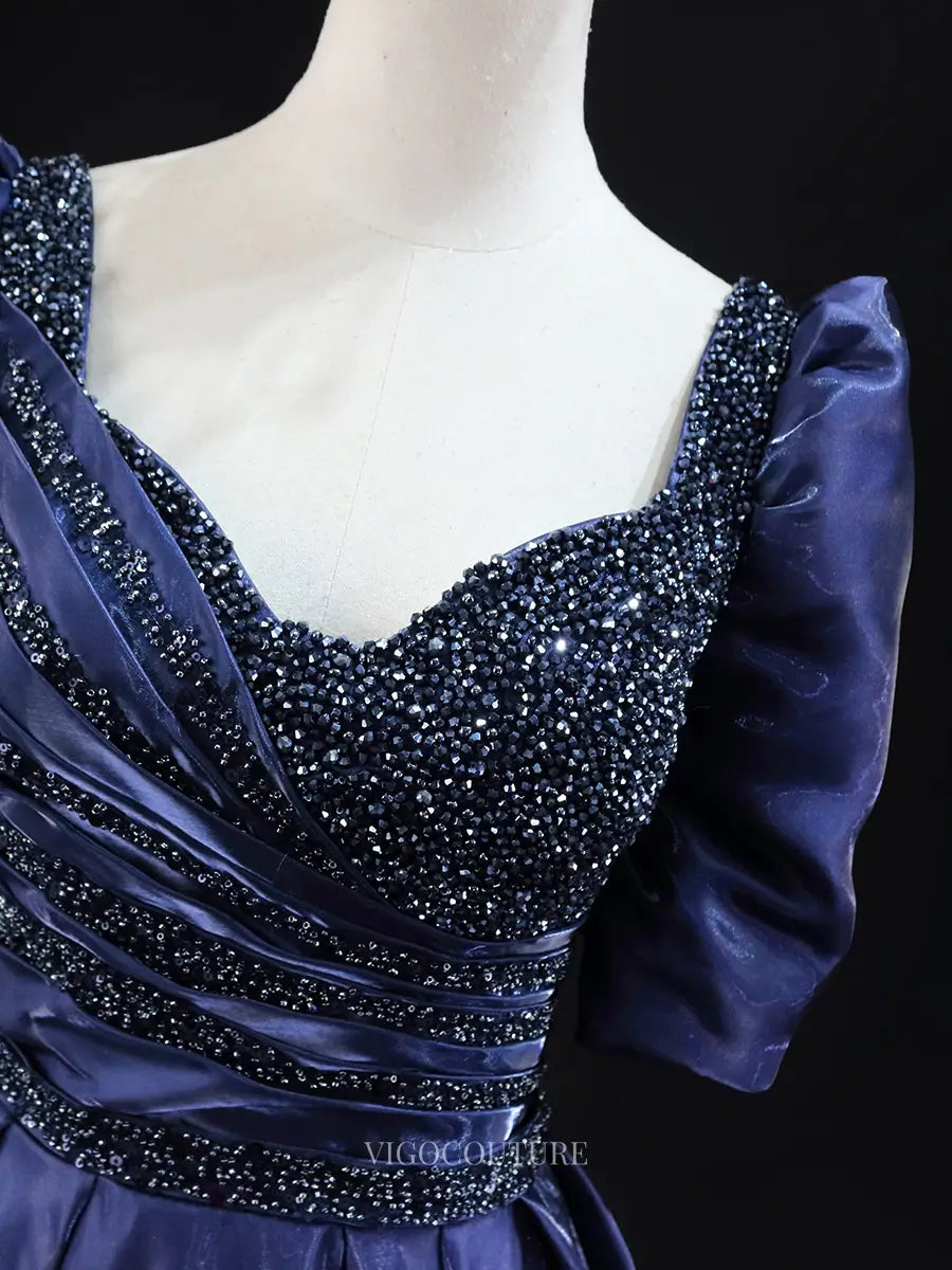 Prom Dresses 2025 to impress Navy Blue Sparkly Satin Prom Dresses with Beaded Bodice, Puffed Sleeve, Formal Dresses BG018-vigocouture-vigocouture