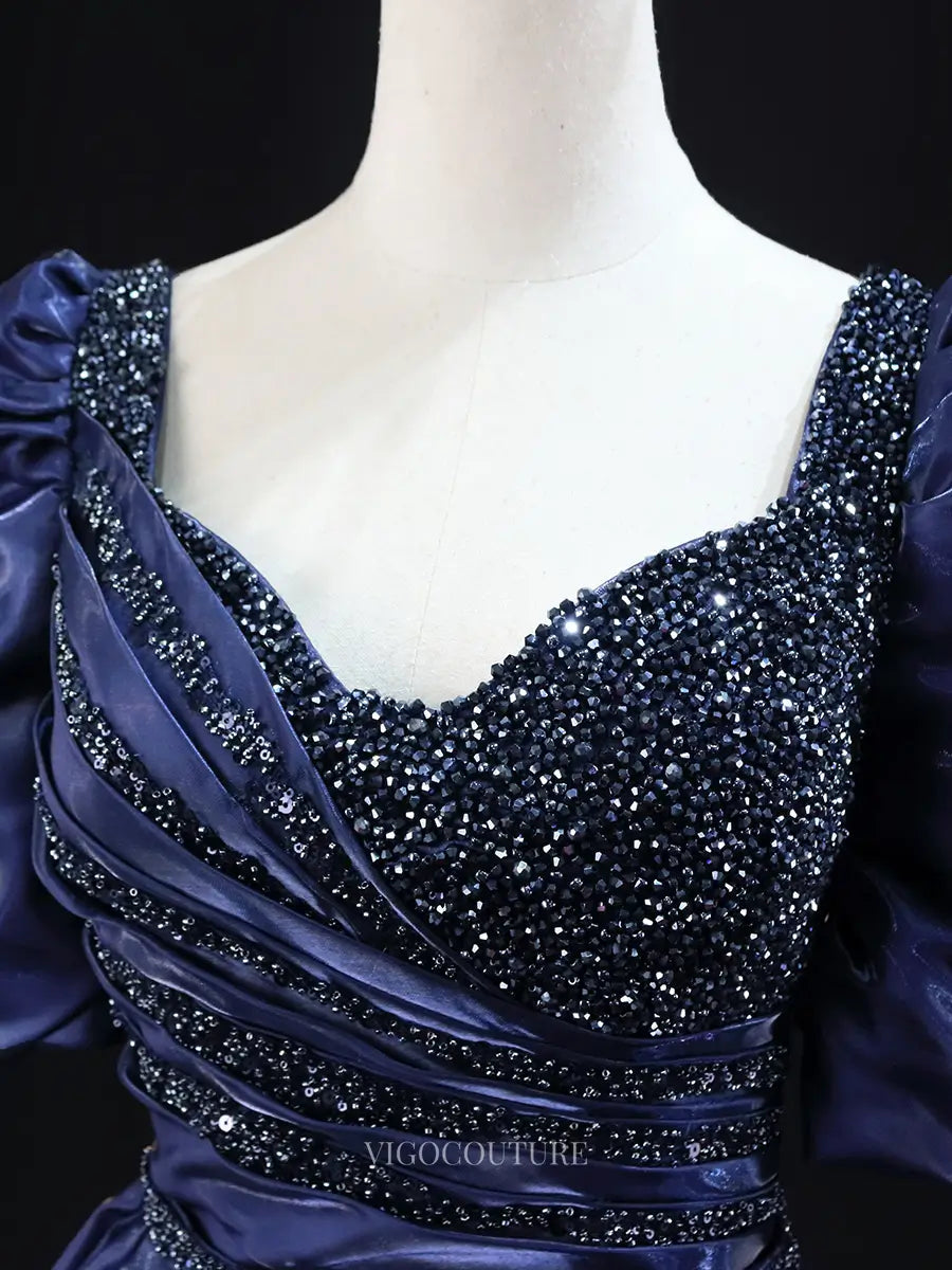 Prom Dresses 2025 to impress Navy Blue Sparkly Satin Prom Dresses with Beaded Bodice, Puffed Sleeve, Formal Dresses BG018-vigocouture-vigocouture