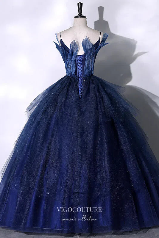 Prom Dress 2025 Navy Blue Sparkly Tulle Prom Ball Gown with Spaghetti Strap 22330-unique elegant Prom Dresses-Navy Blue-Custom Size-vigocouture