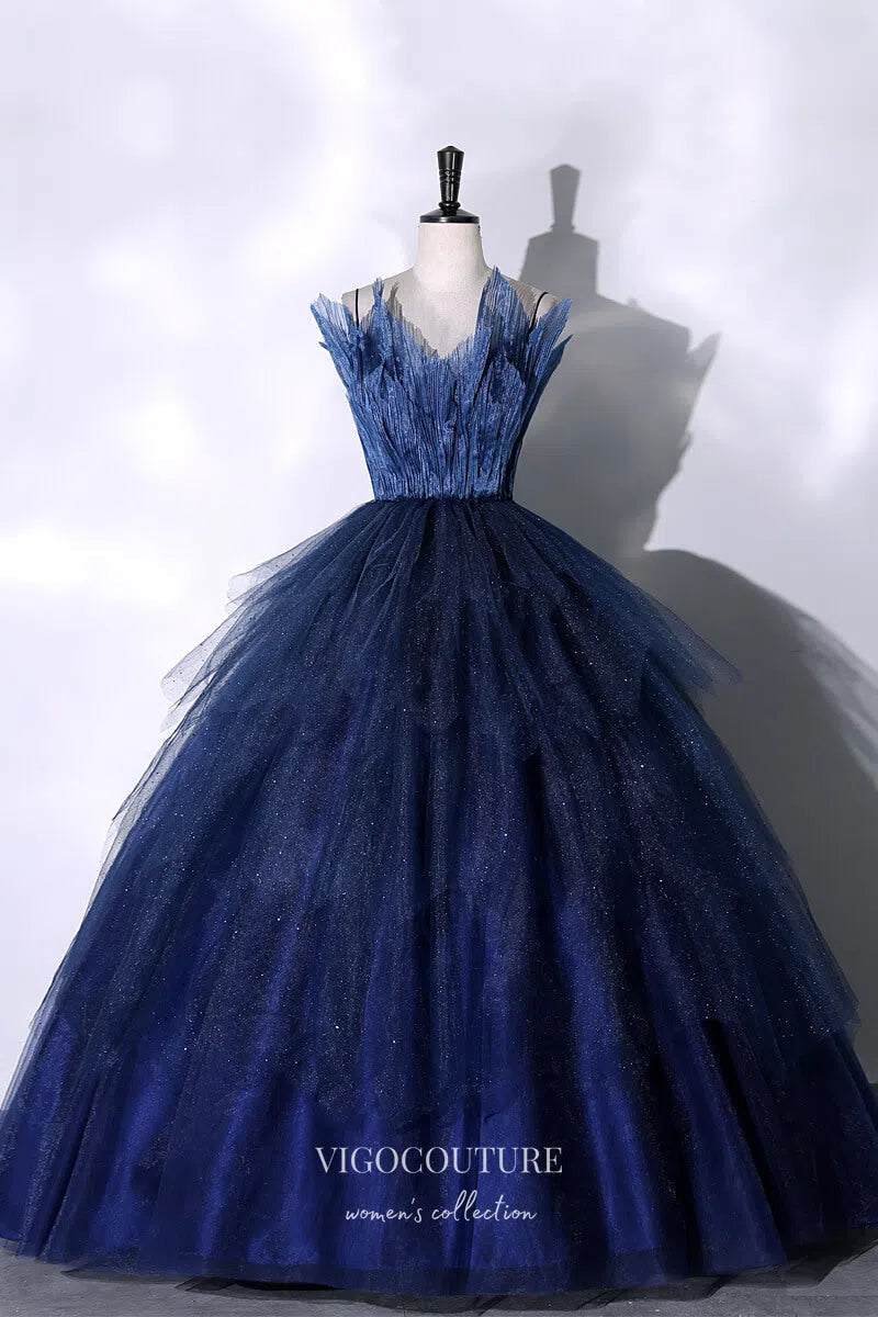 Prom Dress 2025 Navy Blue Sparkly Tulle Prom Ball Gown with Spaghetti Strap 22330-unique elegant Prom Dresses-Navy Blue-Custom Size-vigocouture