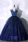 Navy Blue Sparkly Tulle Prom Ball Gown with Spaghetti Strap 22330