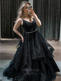 Prom Dress 2025 Navy Blue Sparkly Tulle Prom Dresses Ruffled Spaghetti Strap Formal Dress 20922-unique elegant Prom Dresses-Black-US2-vigocouture