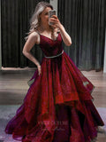 Prom Dress 2025 Navy Blue Sparkly Tulle Prom Dresses Ruffled Spaghetti Strap Formal Dress 20922-unique elegant Prom Dresses-Burgundy-US2-vigocouture