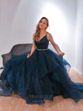 Prom Dress 2025 Navy Blue Sparkly Tulle Prom Dresses Ruffled Spaghetti Strap Formal Dress 20922-unique elegant Prom Dresses-Navy Blue-US2-vigocouture