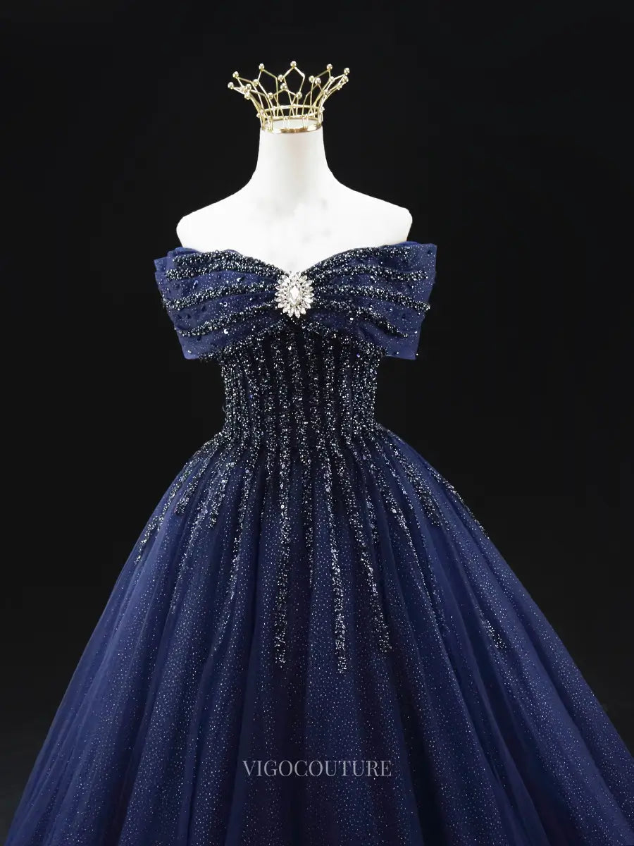 Navy Blue Sparkly Tulle Prom Dresses with Beaded Lace Bodice, Off the Shoulder, Quinceanera Dresses SU040 Custom Colors / US10 Navy Blue Sparkly Tulle Prom Dresses with Beaded Lace Bodice, Off the Shoulder, Quinceanera Dresses SU040 Custom Colors / US10