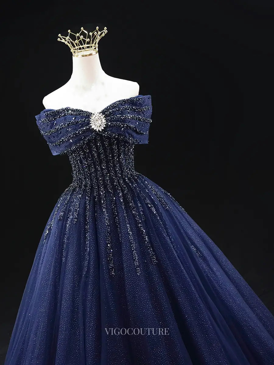 Prom Dresses 2025 to impress Navy Blue Sparkly Tulle Prom Dresses with Beaded Lace Bodice, Off the Shoulder, Quinceanera Dresses SU040-vigocouture-vigocouture