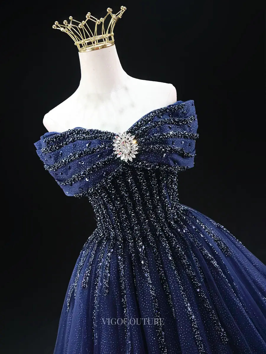 Navy Blue Sparkly Tulle Prom Dresses with Beaded Lace Bodice, Off the Shoulder, Quinceanera Dresses SU040 Custom Colors / US10 Navy Blue Sparkly Tulle Prom Dresses with Beaded Lace Bodice, Off the Shoulder, Quinceanera Dresses SU040 Custom Colors / US10