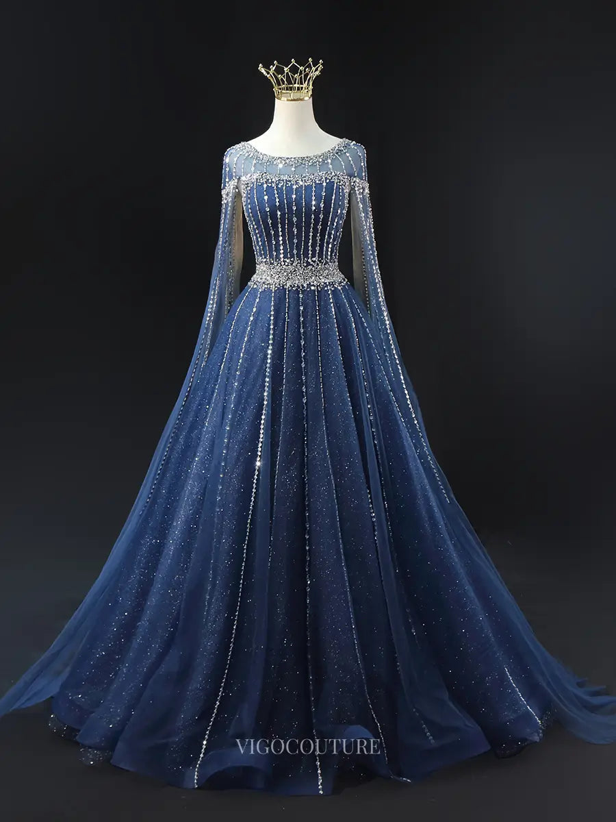 Navy Blue Sparkly Tulle Prom Dresses with Extra Long Sleeve, Boat Neck