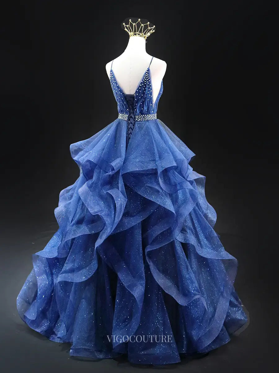 Navy Blue Sparkly Tulle Prom Dresses with Spaghetti Strap, V-Neck, Tie vigocouture Navy Blue Sparkly Tulle Prom Dresses with Spaghetti Strap, V-Neck, Tie vigocouture