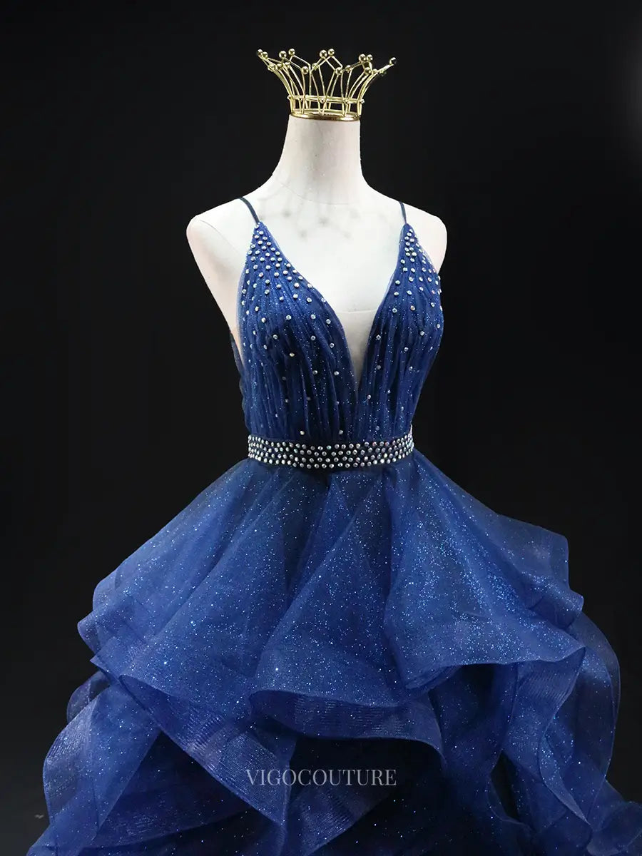 Prom Dresses 2025 to impress Navy Blue Sparkly Tulle Prom Dresses with Spaghetti Strap, V-Neck, Tiered, Quinceanera Dresses SU027-vigocouture-vigocouture