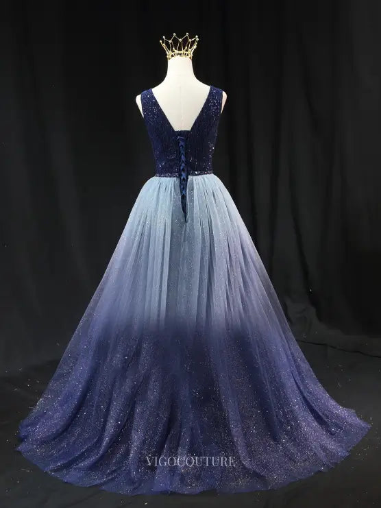 Prom Dresses 2025 to impress Navy Blue Sparkly Tulle Prom Dresses with V-Neck, Sequin Bodice, Formal Dresses SU069-vigocouture-vigocouture