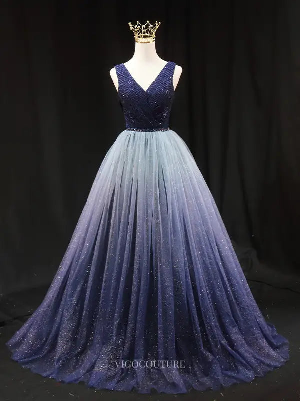 Prom Dresses 2025 to impress Navy Blue Sparkly Tulle Prom Dresses with V-Neck, Sequin Bodice, Formal Dresses SU069-vigocouture-Blue-Custom Size-vigocouture