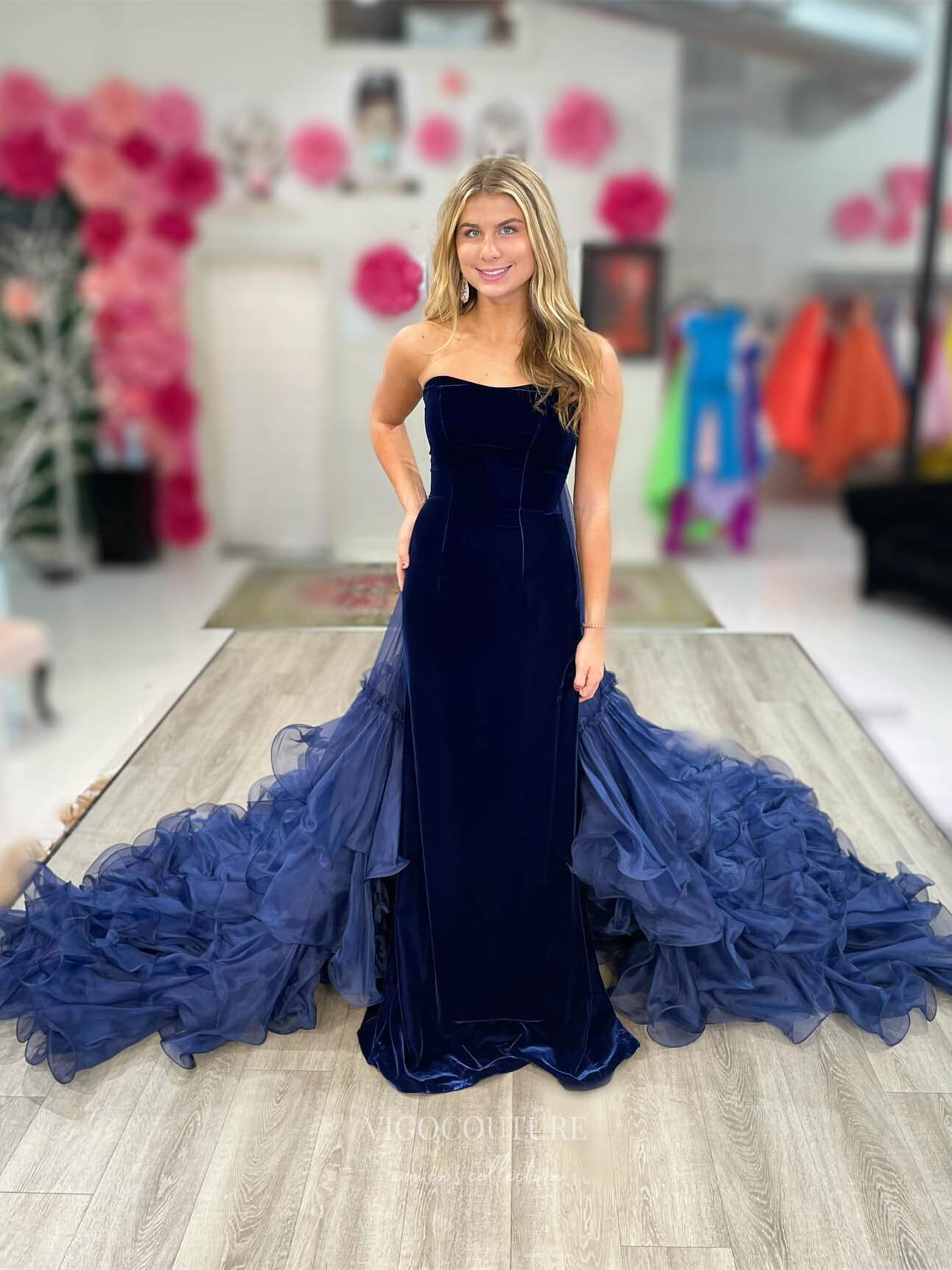 Prom Dress 2025 Navy Blue Tiered Cathedral Train Prom Dresses Strapless Velvet Mermaid Dress 24109-unique elegant Prom Dresses-Navy Blue-Custom Size-vigocouture