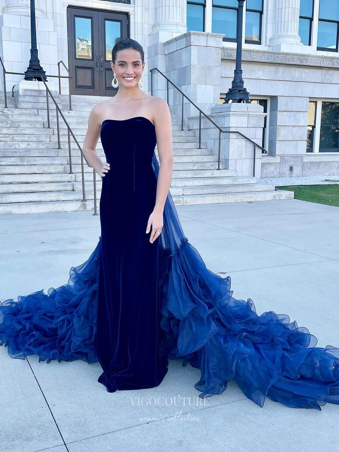 Navy Blue Tiered Cathedral Train Prom Dresses Strapless Velvet Mermaid Dress 24109 Custom Colors / US10 Navy Blue Tiered Cathedral Train Prom Dresses Strapless Velvet Mermaid Dress 24109 Custom Colors / US10
