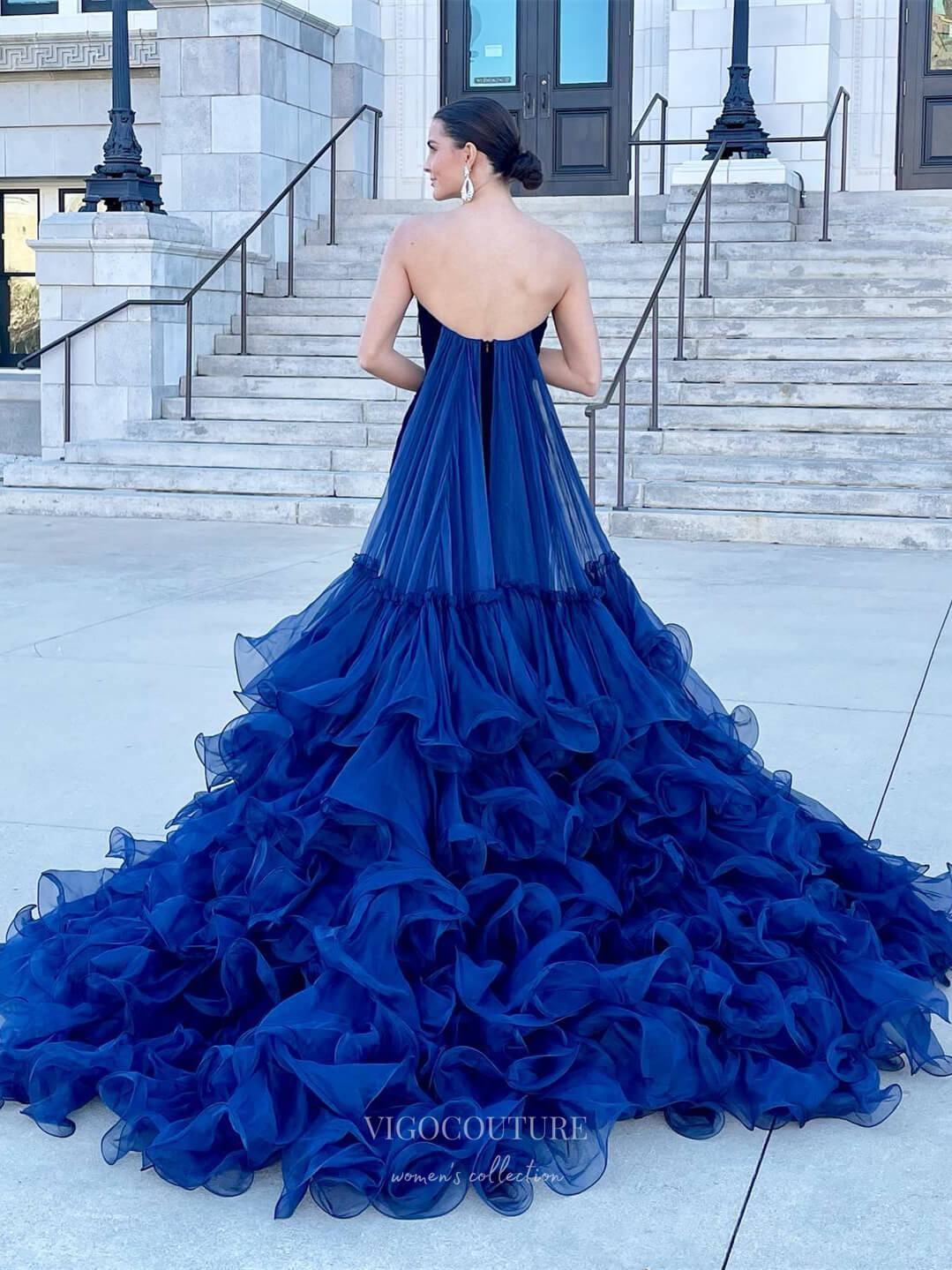 Prom Dress 2025 Navy Blue Tiered Cathedral Train Prom Dresses Strapless Velvet Mermaid Dress 24109-unique elegant Prom Dresses-Navy Blue-Custom Size-vigocouture