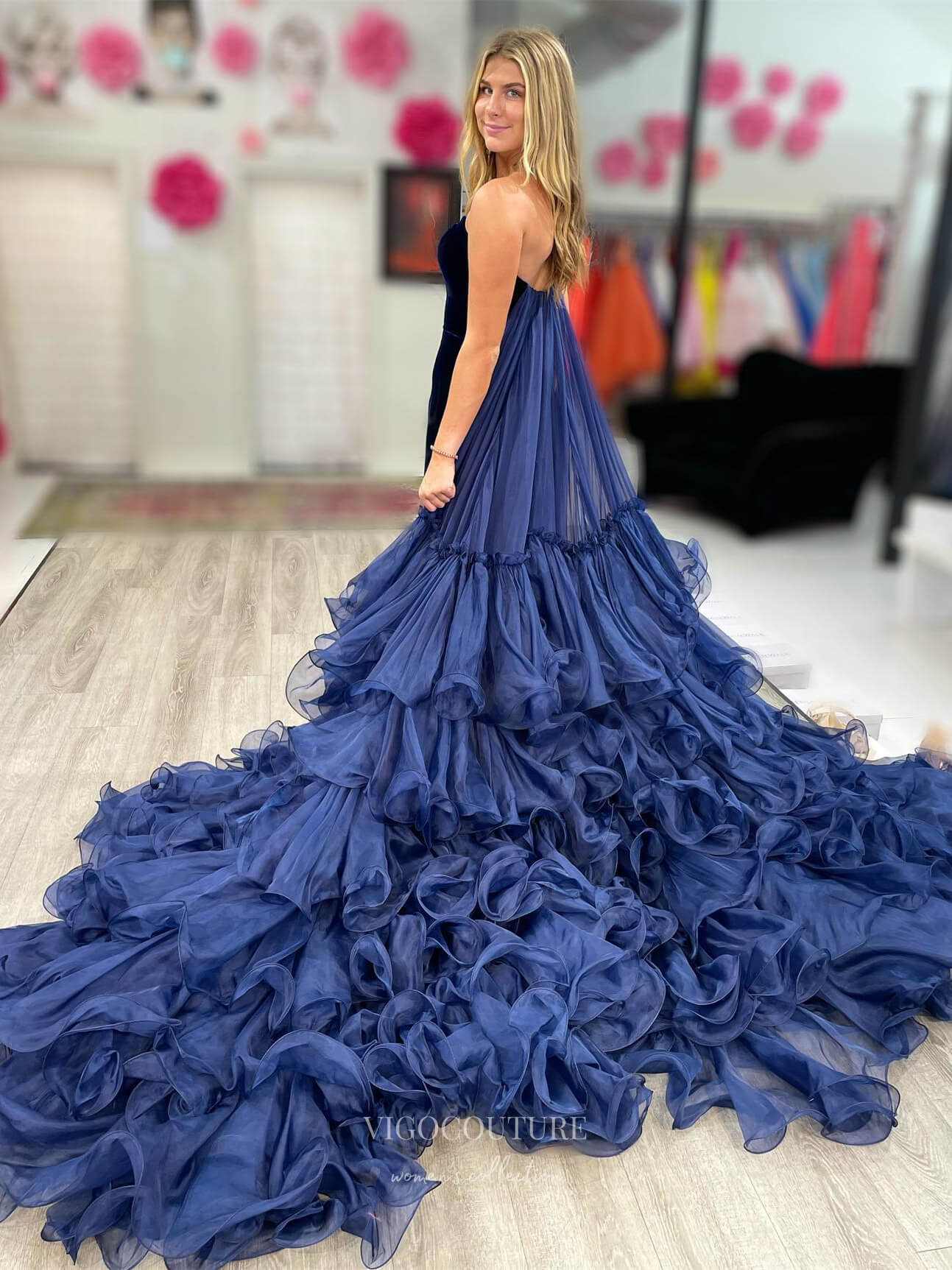 Prom Dress 2025 Navy Blue Tiered Cathedral Train Prom Dresses Strapless Velvet Mermaid Dress 24109-unique elegant Prom Dresses-Navy Blue-Custom Size-vigocouture