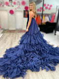 Navy Blue Tiered Cathedral Train Prom Dresses Strapless Velvet Mermaid Dress 24109