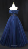 Prom Dresses 2025 to impress Navy Blue Tulle Prom Dresses with Overskirt, Off the Shoulder Formal Dresses SU055-vigocouture-vigocouture