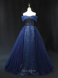 Navy Blue Tulle Prom Dresses with Overskirt, Off the Shoulder Formal Dresses SU055