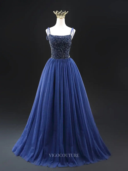 Prom Dresses 2025 to impress Navy Blue Tulle Prom Dresses with Spaghetti Strap, V-Neck, Formal Dresses SU026-vigocouture-Blue-Custom Size-vigocouture