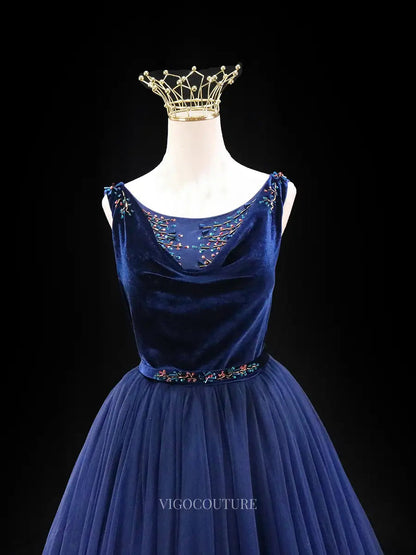 Prom Dresses 2025 to impress Navy Blue Tulle Prom Dresses with Velvet Bodice, Beaded Lace Neckline, Formal Dresses SU047-vigocouture-vigocouture