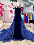 Prom Dress 2025 Navy Blue Velvet Prom Dresses with Organza Overskirt Off the Shoulder 24210-unique elegant Prom Dresses-Navy Blue-Custom Size-vigocouture