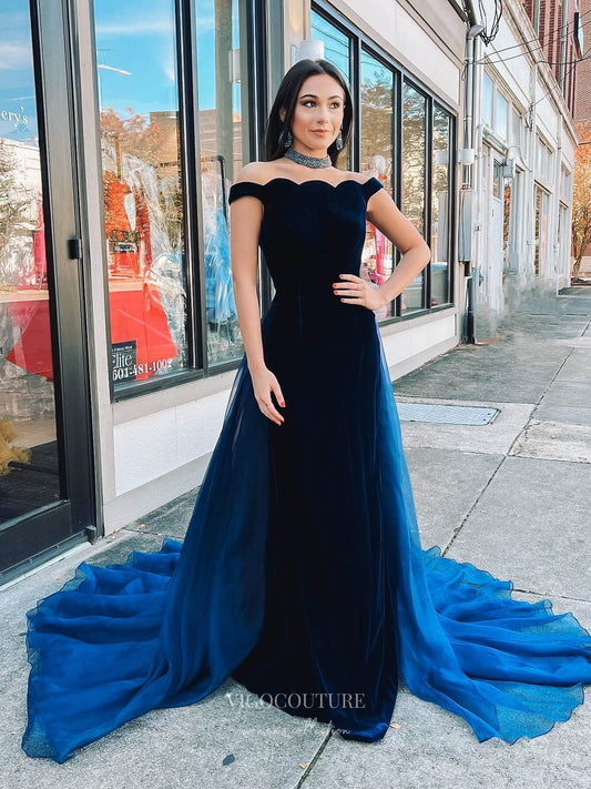 Prom Dress 2025 Navy Blue Velvet Prom Dresses with Organza Overskirt Off the Shoulder 24210-unique elegant Prom Dresses-Navy Blue-Custom Size-vigocouture