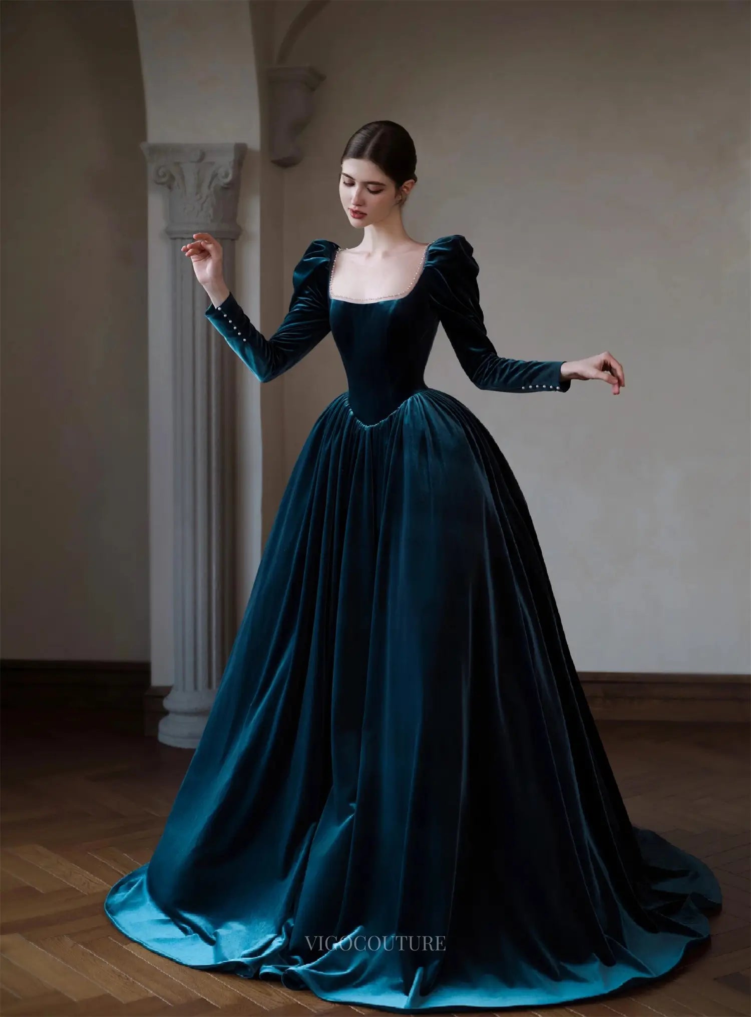 Nocturna - Teal Velvet Formal Gown with Long Sleeve Teal Blue / US26W Nocturna - Teal Velvet Formal Gown with Long Sleeve Teal Blue / US26W